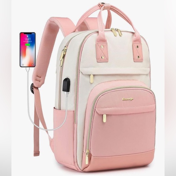 Luocip Handbags - NWT Pink and Cream Backpack School Travel with USB Port